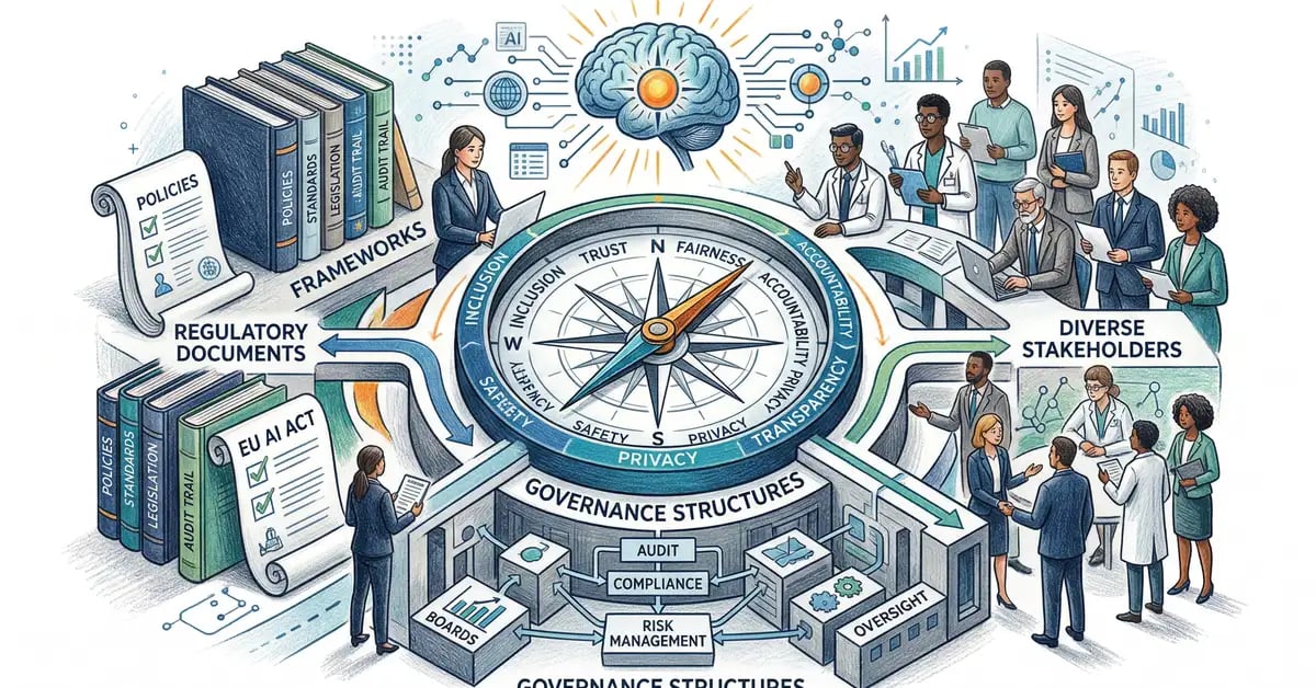 AI ethics and governance compass surrounded by regulatory frameworks and stakeholders