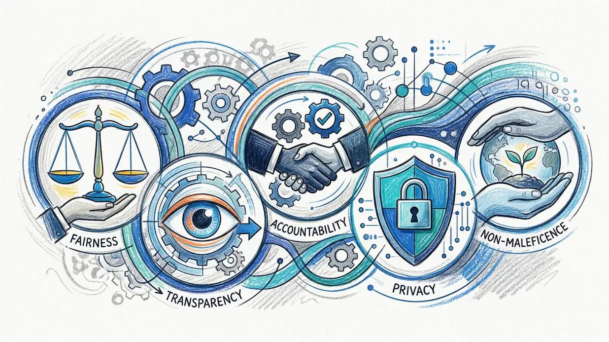 Five core AI ethics principles: fairness, transparency, accountability, privacy, non-maleficence