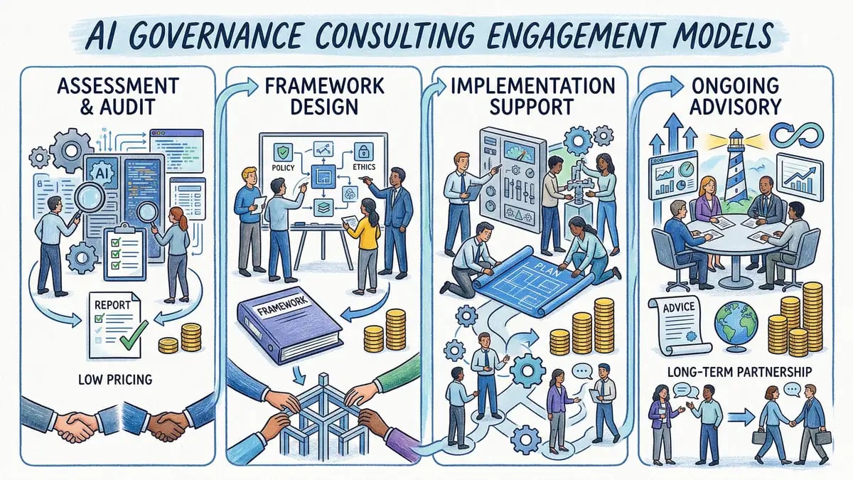 AI governance consulting engagement models showing assessment, framework design, implementation support, and advisory tiers