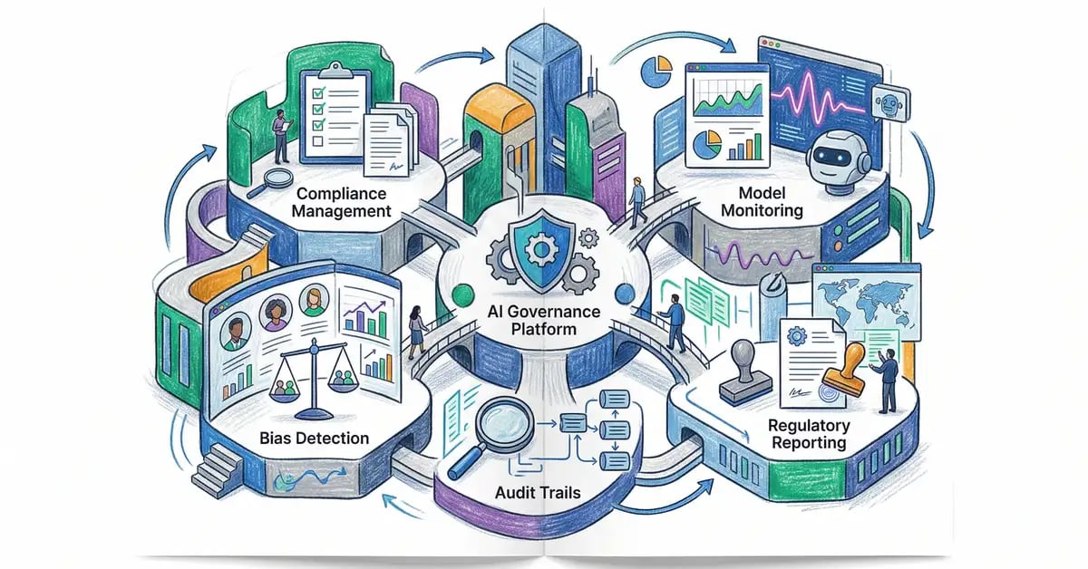 AI governance tools ecosystem showing compliance management, bias detection, model monitoring, and regulatory reporting