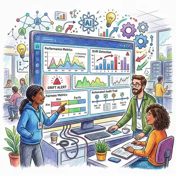 AI model monitoring and observability tools with drift detection and fairness metrics