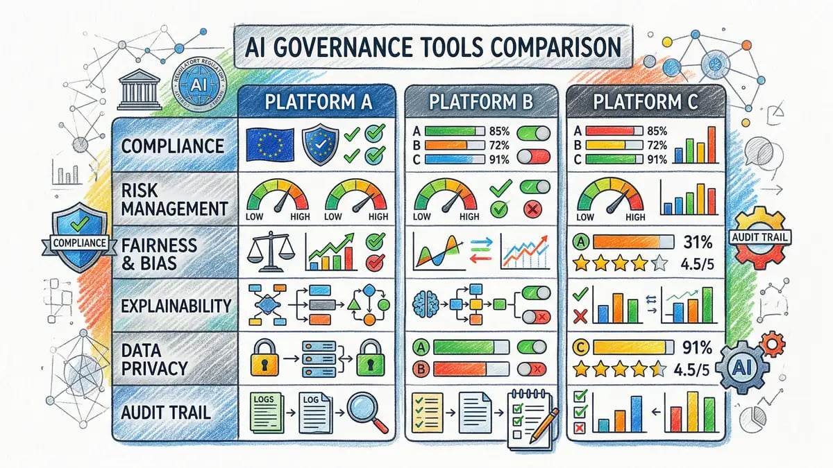 AI governance tools comparison dashboard showing evaluation criteria and scoring across multiple platforms