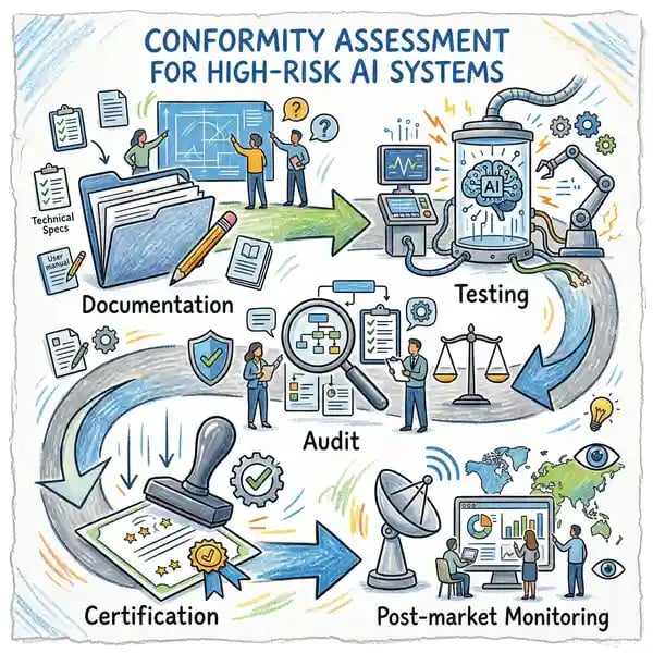 Conformity assessment process for high-risk AI systems showing documentation, testing, audit, and certification steps