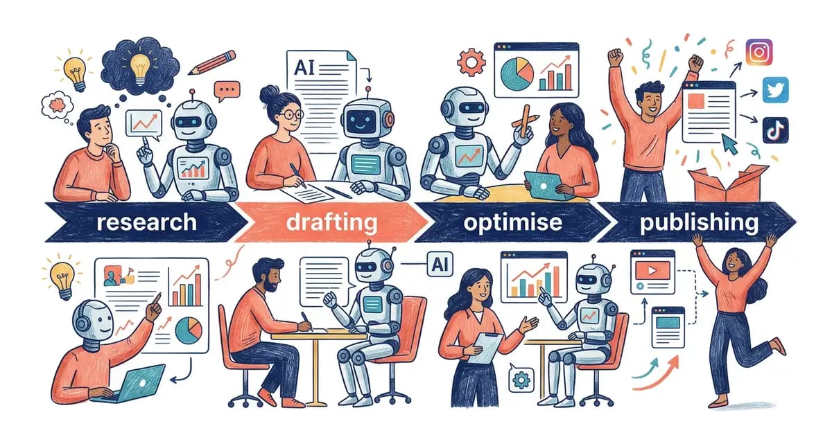 AI content production pipeline showing research, draft, optimise, and publish stages with AI assistants