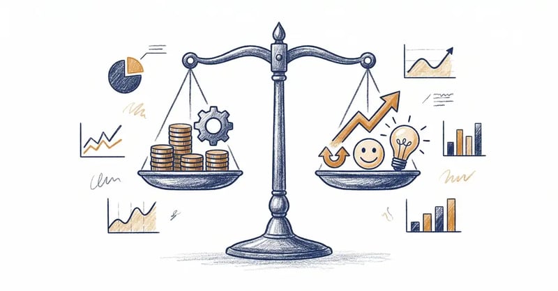Balanced scale weighing technology investment against business outcomes, illustrating AI budget allocation principles