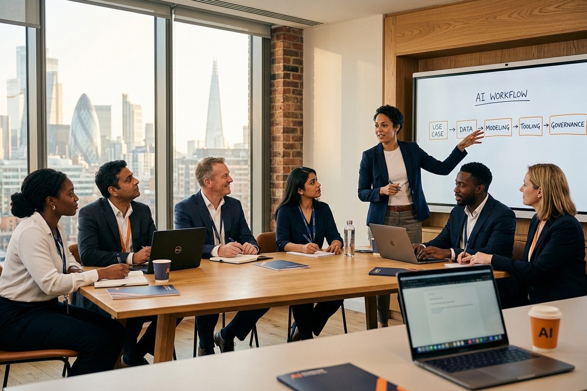 Diverse mid-management team in a daylit London training room, working through an AI workflow on a whiteboard with their Helium42 trainer.
