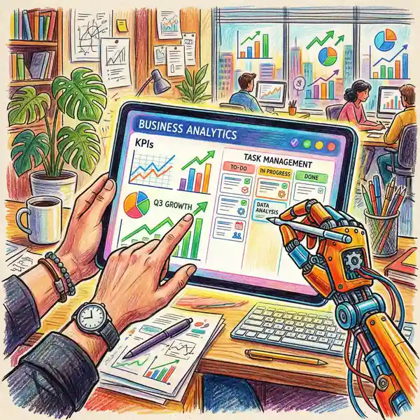 Pencil-crayon illustration of human and AI hands collaborating on a business analytics tablet