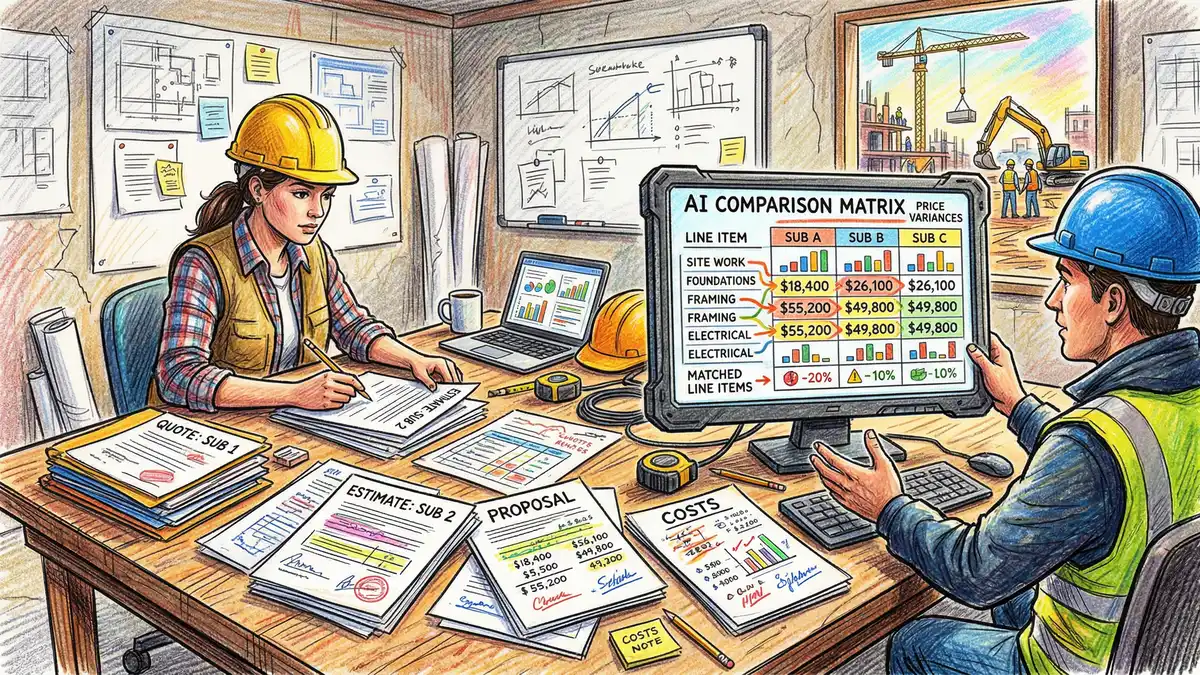 Construction site office with subcontractor quote documents and digital screen showing AI comparison matrix with price variance analysis