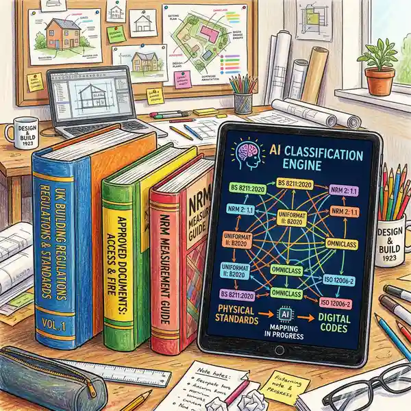 UK building standards reference books and NRM measurement guide alongside tablet showing AI classification code mapping