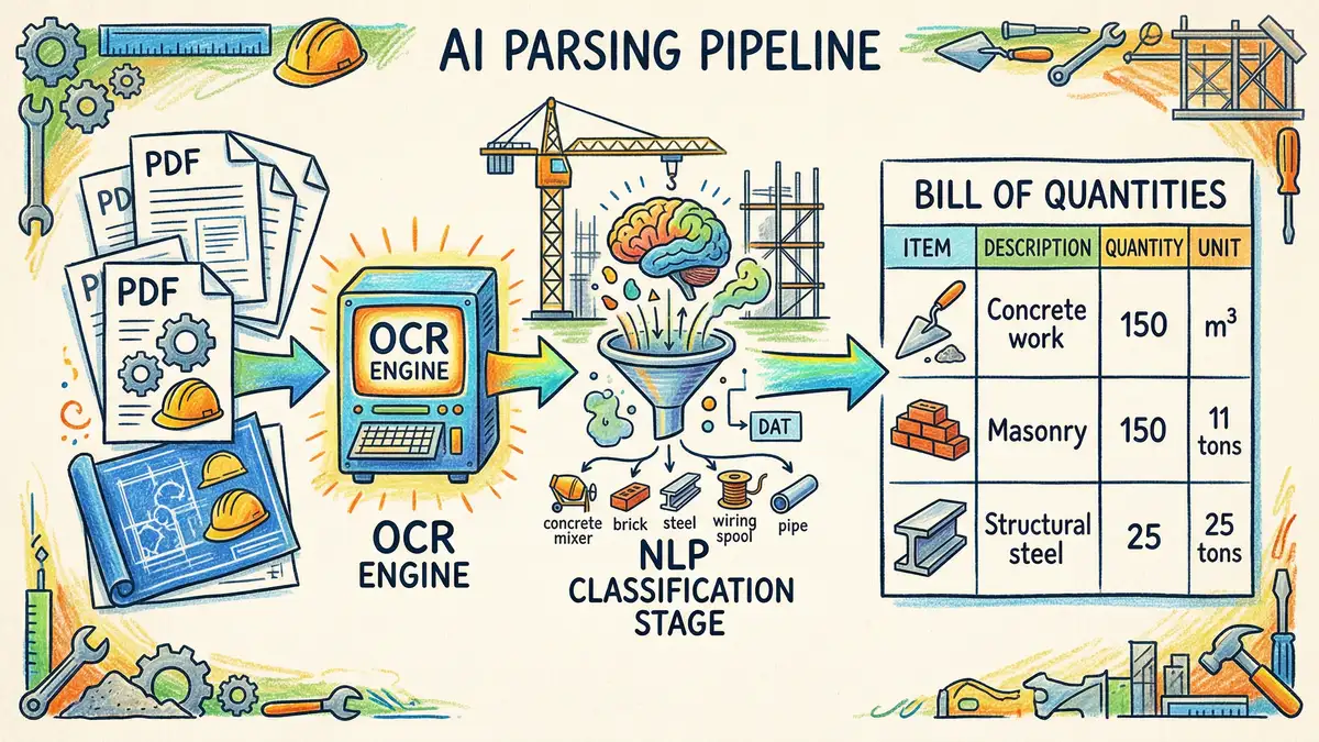 Diagram showing AI document parsing pipeline for construction bills of quantities, from scanned PDF through OCR and NLP classification to structured data output