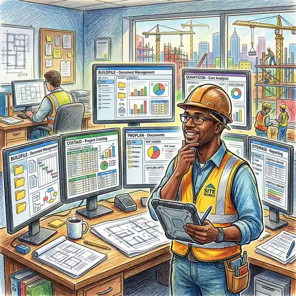 Construction professional evaluating multiple AI software vendor interfaces on screens for document management and cost analysis