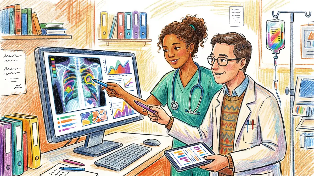 Healthcare professional and data scientist reviewing AI diagnostic system outputs on a clinical workstation