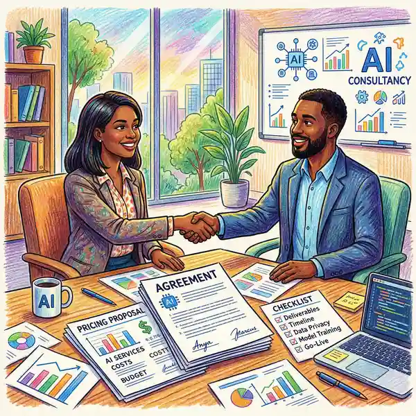 Two professionals negotiating AI consultancy pricing terms over contract documents