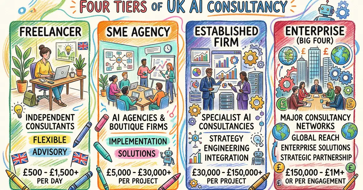 Comparison of four UK AI consultancy pricing tiers from freelance to Big Four enterprise firms