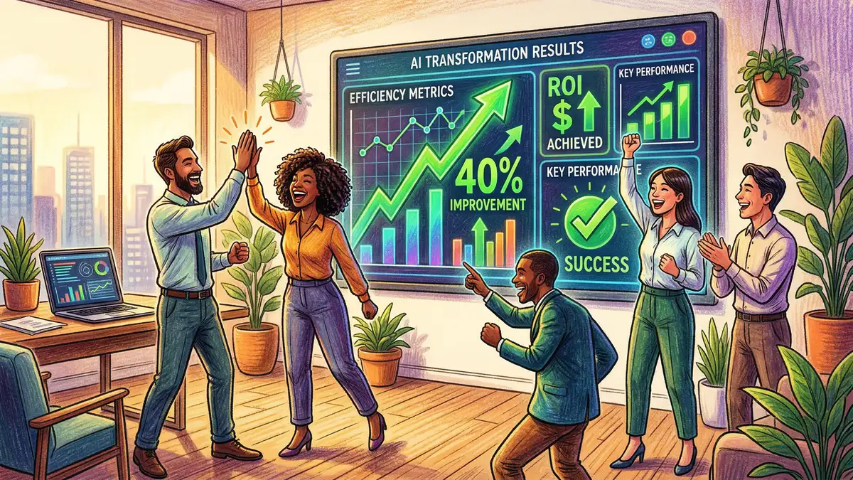 Illustration of a business team celebrating measurable AI transformation results on a dashboard showing 40 per cent efficiency improvement