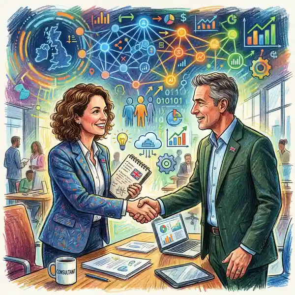 Pencil-crayon illustration of a UK business consultant and client handshake with AI data visualisations