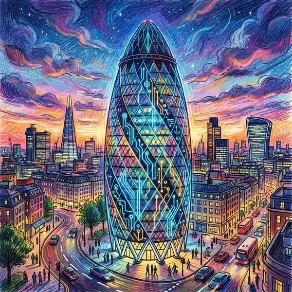 Pencil-crayon illustration of the Gherkin building with glowing AI circuit patterns