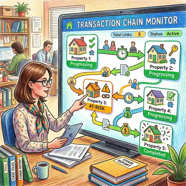 Property transaction chain visualised as connected nodes showing linked house sales with status indicators