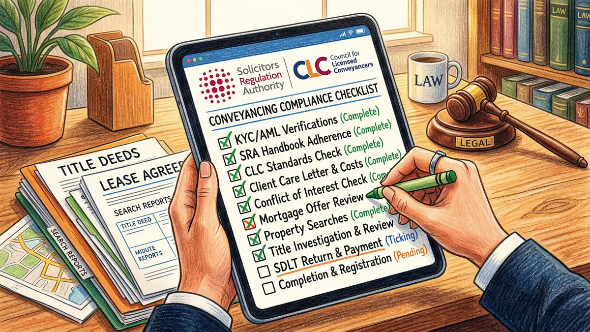 Legal compliance checklist on tablet screen with SRA and CLC regulatory requirements for AI in conveyancing