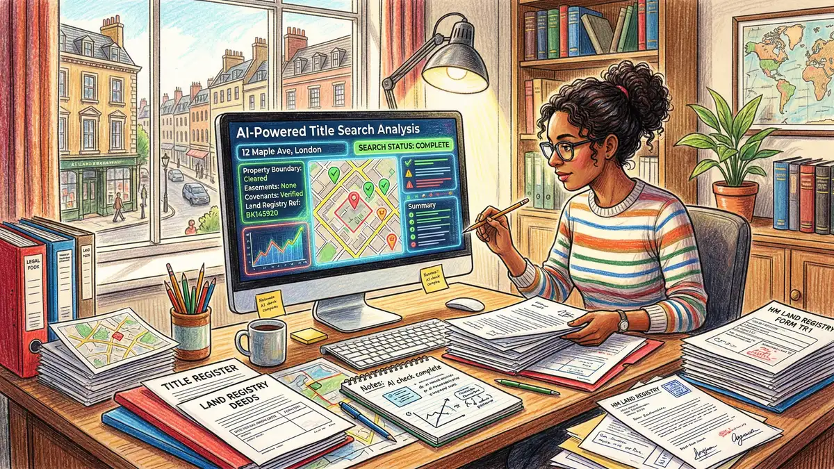 AI-powered title search analysis on a conveyancer desk with property documents and Land Registry papers