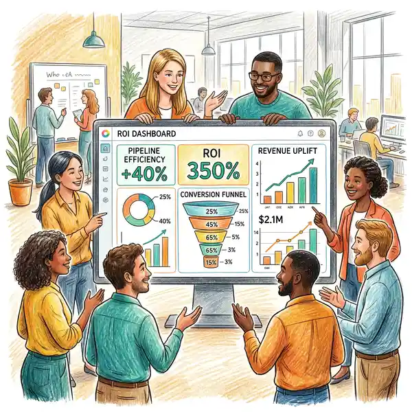 Illustration of marketing team reviewing unified AI ROI dashboard with measurable pipeline impact metrics