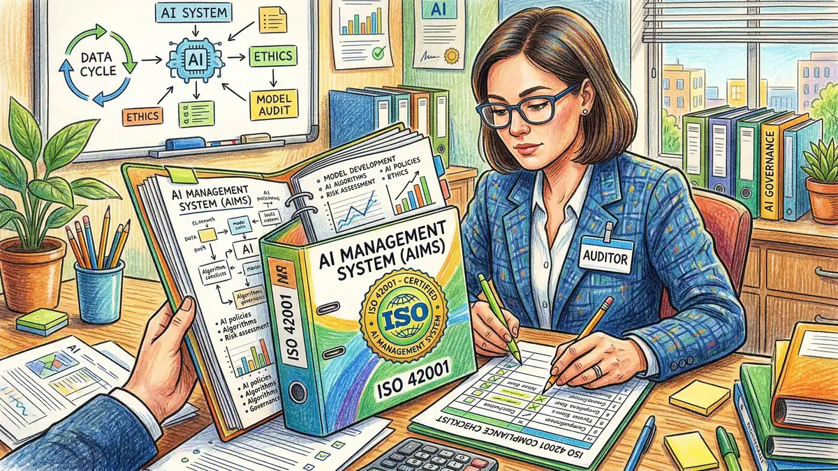 ISO certification auditor reviewing AI management system documentation binder with compliance checklist and certification seal