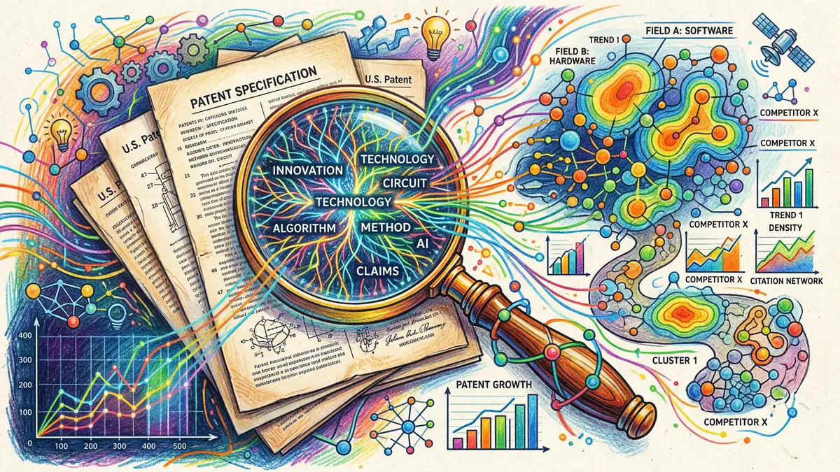 AI-powered patent analysis with neural network connections highlighting key terms and citations across patent documents