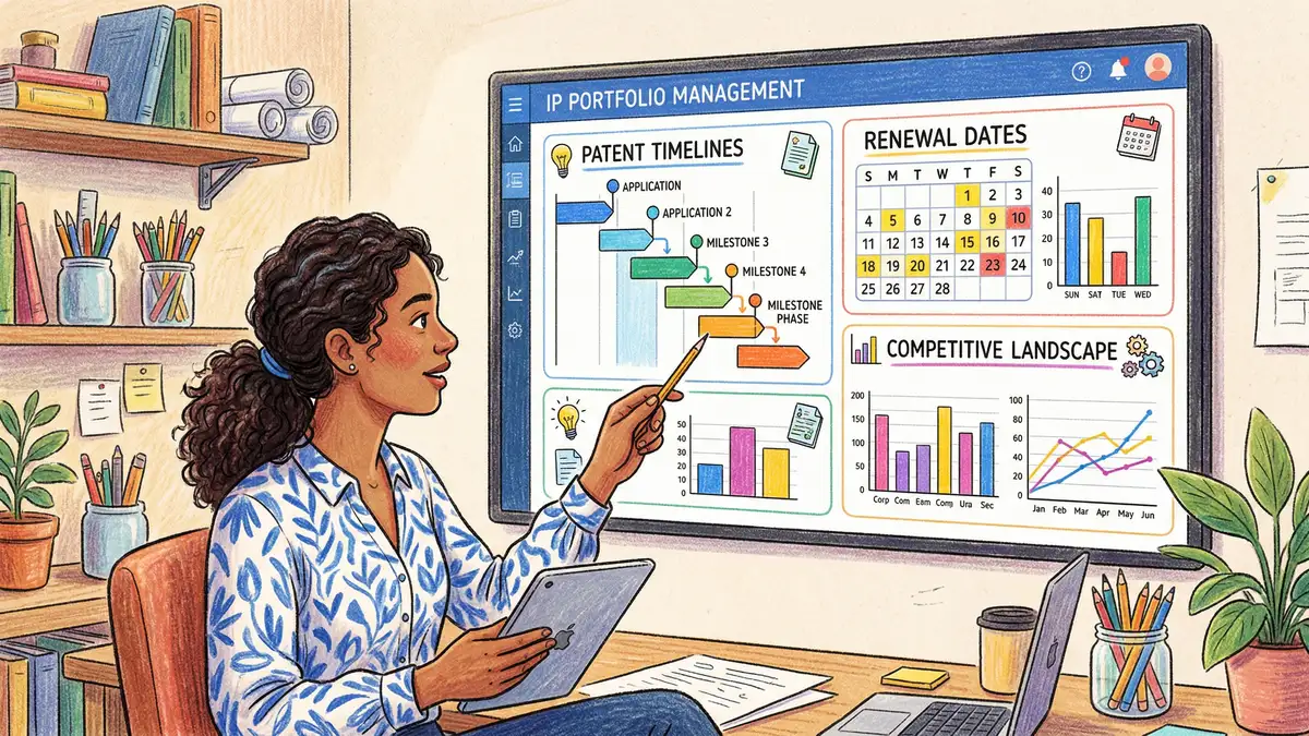 IP portfolio management interface showing patent filing timelines and competitive landscape analysis