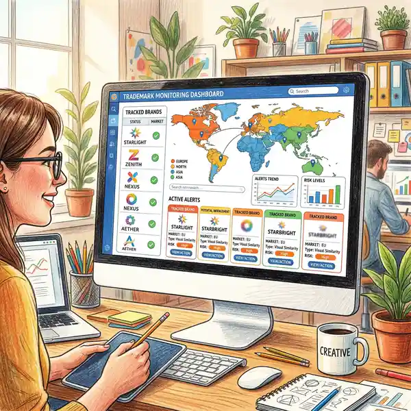 Trademark monitoring dashboard showing brand tracking across multiple markets with infringement alerts