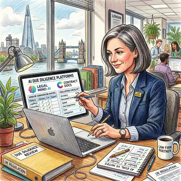 UK law firm partner evaluating AI due diligence platforms on a laptop with a vendor comparison checklist visible on screen