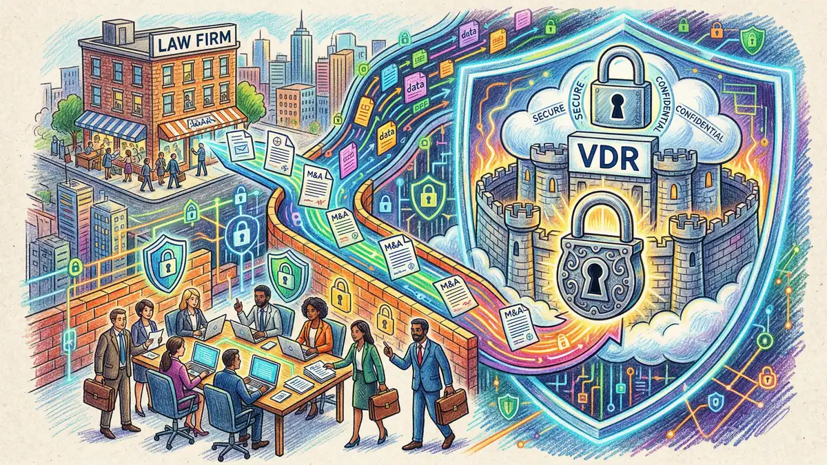 Secure virtual data room with encrypted document transfer and padlock symbols representing cybersecurity protections in M&A due diligence transactions