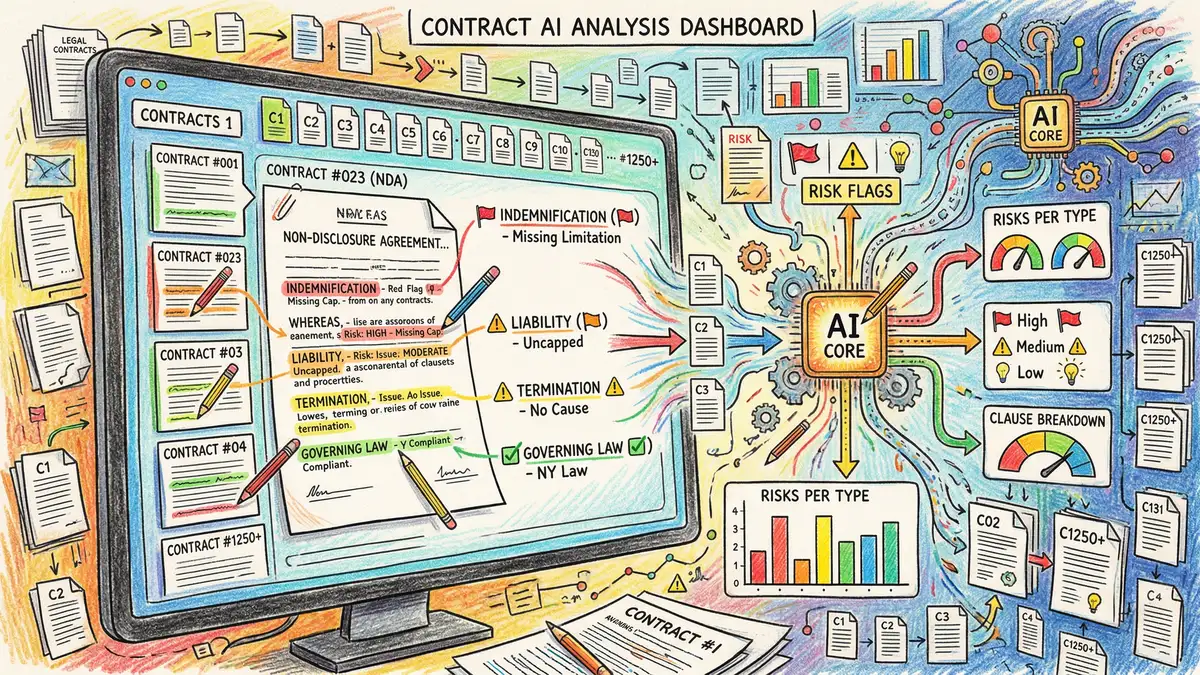 AI software interface analysing legal contracts with colour-coded clause extraction and risk flagging annotations on a document review dashboard