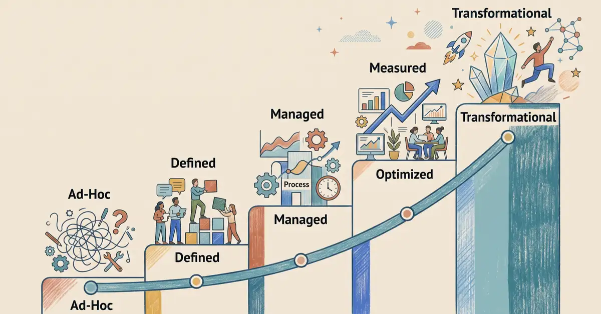 A five-stage AI maturity ladder from ad hoc to transformational