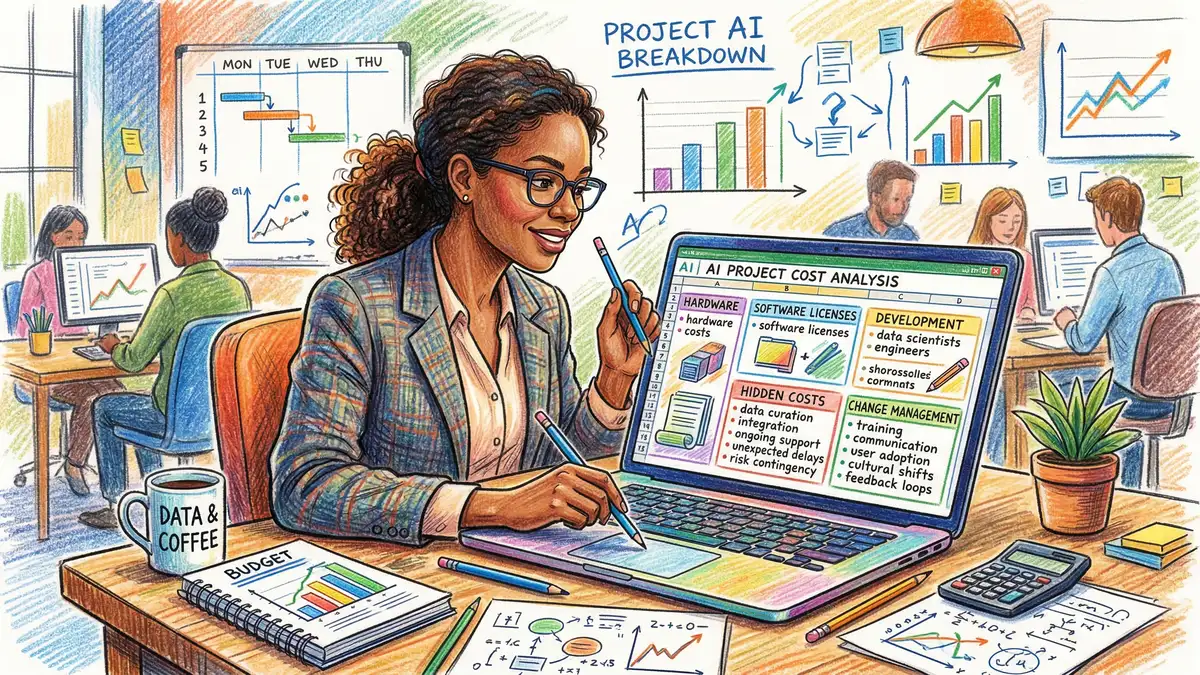 Business analyst calculating AI project costs on a laptop with spreadsheets showing budget breakdown including hidden costs and change management