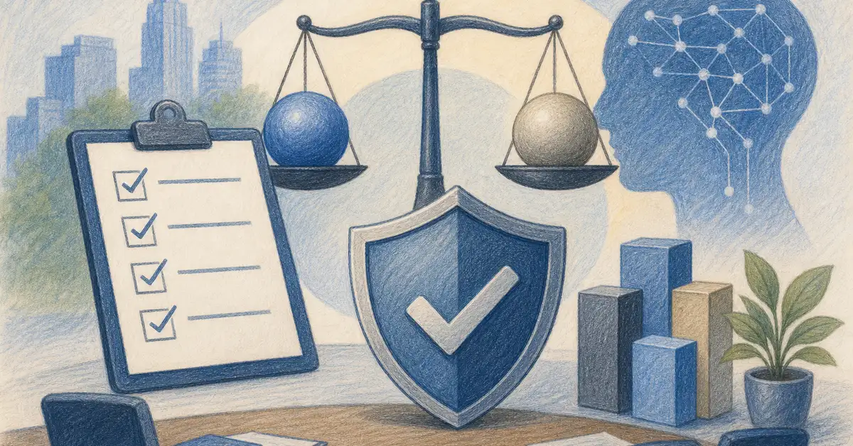 Board-level governance and risk controls for an AI project: a checklist, scales representing risk, and a shield