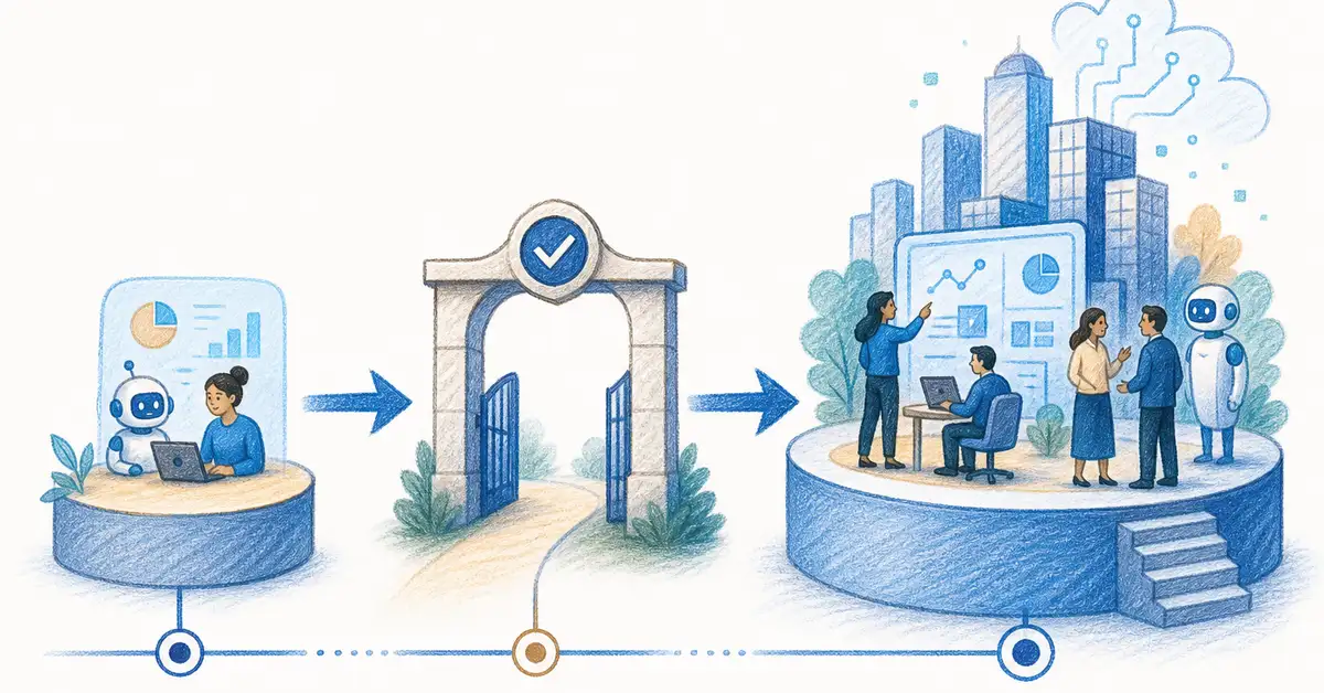 A phased AI adoption pathway showing a small pilot stage, a decision gate, and a larger scale stage