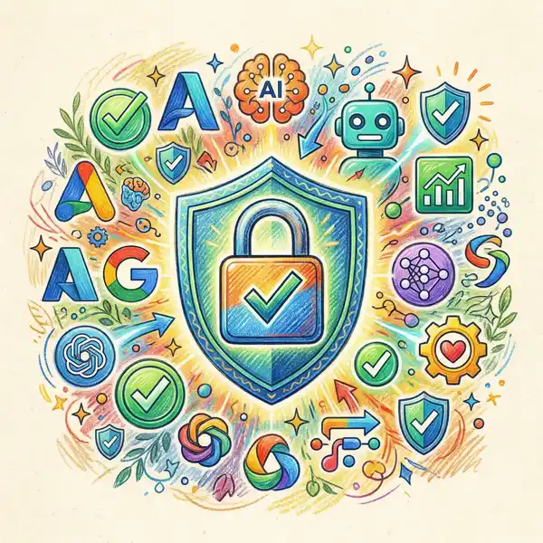Pencil-crayon illustration of a security padlock surrounded by AI tool logos with compliance checkmarks