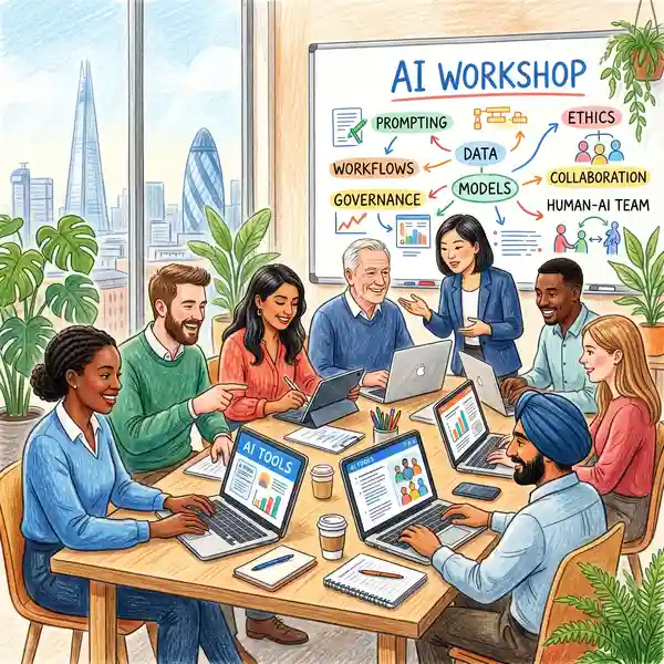 Illustration of a diverse team of UK professionals in a training workshop, confidently using AI tools on laptops with a whiteboard showing AI concepts in the background