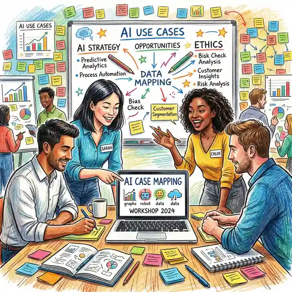 Pencil-crayon illustration of professionals collaborating during an AI workshop with sticky notes and whiteboards