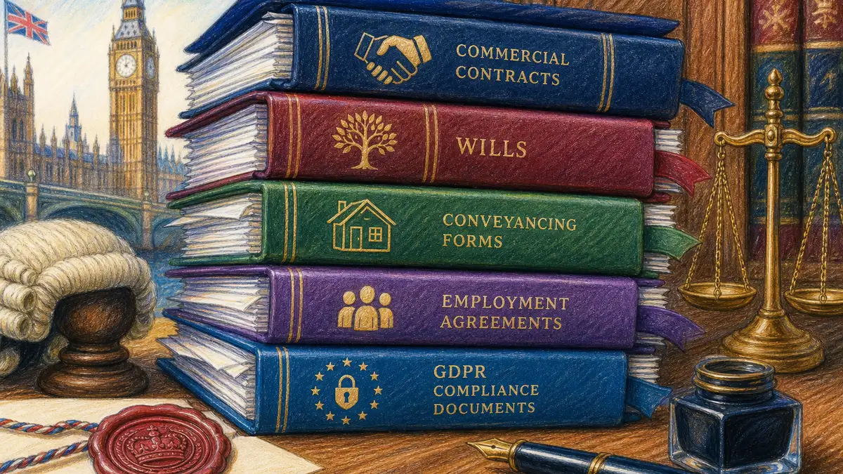 Pencil-crayon illustration of UK legal document types arranged elegantly including commercial contracts, wills, conveyancing forms, employment agreements and GDPR compliance documents with subtle British legal heritage elements