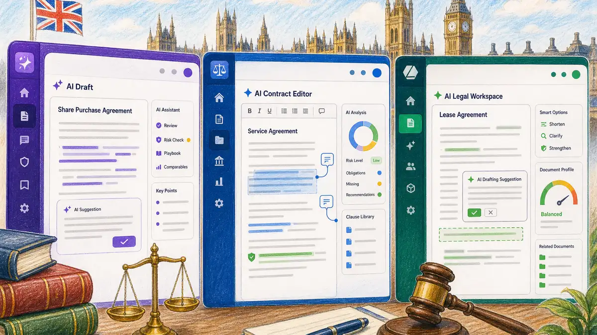 Pencil-crayon illustration comparing AI legal drafting tool interfaces side-by-side, showing multiple software dashboards used by UK solicitors for contract editing with Westminster building silhouette and scales of justice elements