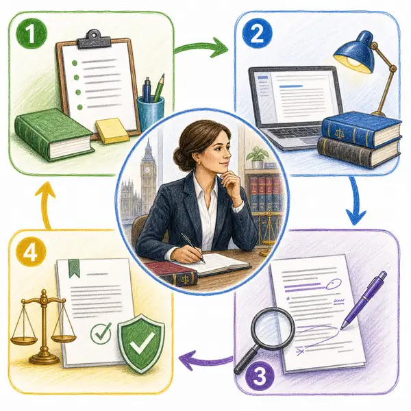 Pencil-crayon illustration of a four-step legal drafting workflow showing prepare brief, engineer prompt, generate draft, and validate output with a UK solicitor at the centre