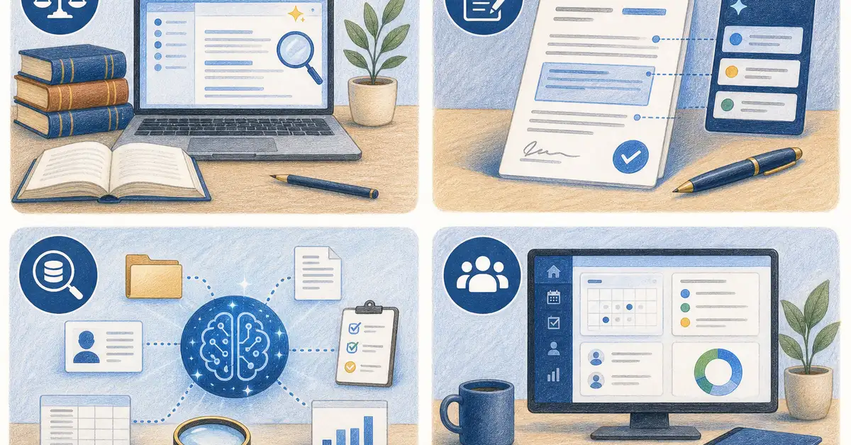 The four categories of legal AI tool: research, contract drafting and review, due diligence, and practice management