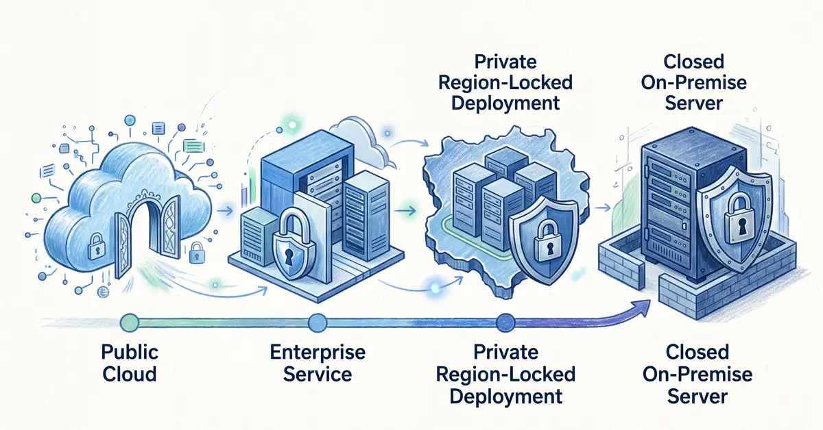 The legal AI deployment spectrum from public cloud to on-premise, each step more secured